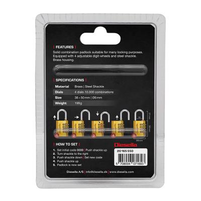 Kodehængelås 38 mm i messinghus og stålbøjle med 4 cifret kodelås (10.000 kombinationer)